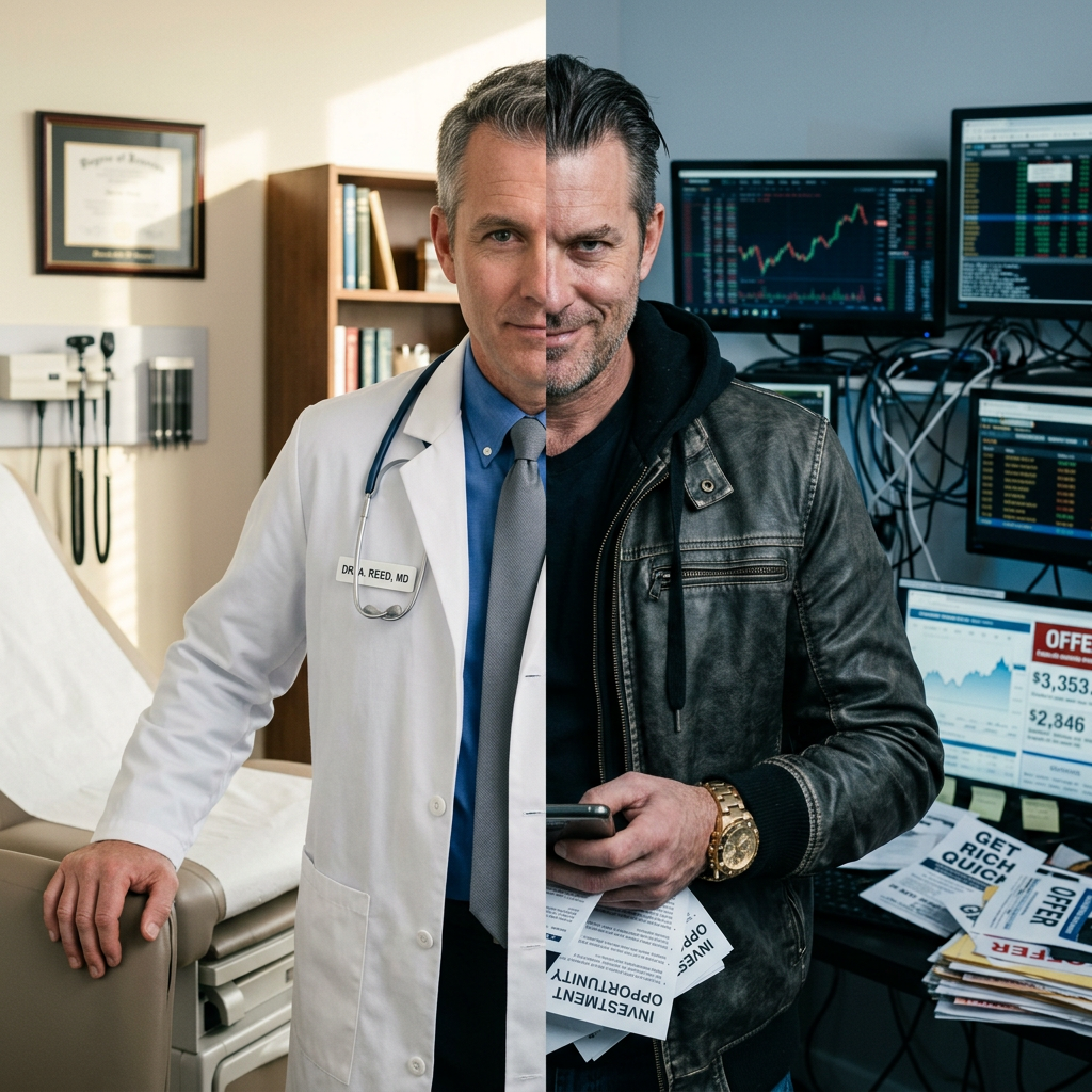 Half a man in a doctor's coat with stethoscope in a medical office, and half in a leather jacket with stock trading monitors and papers
